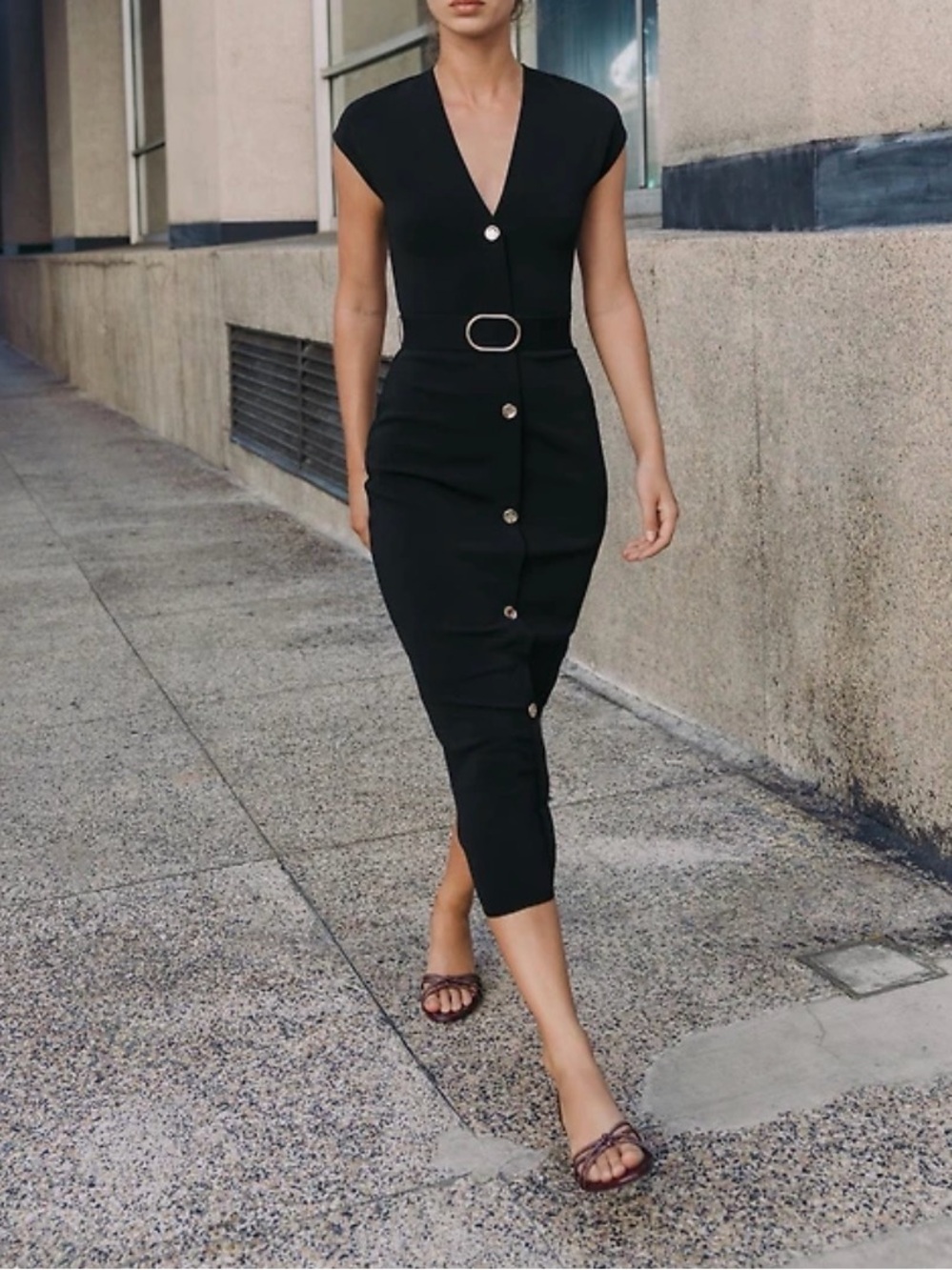 Zara Black Button-Front Midi Dress with Belt
